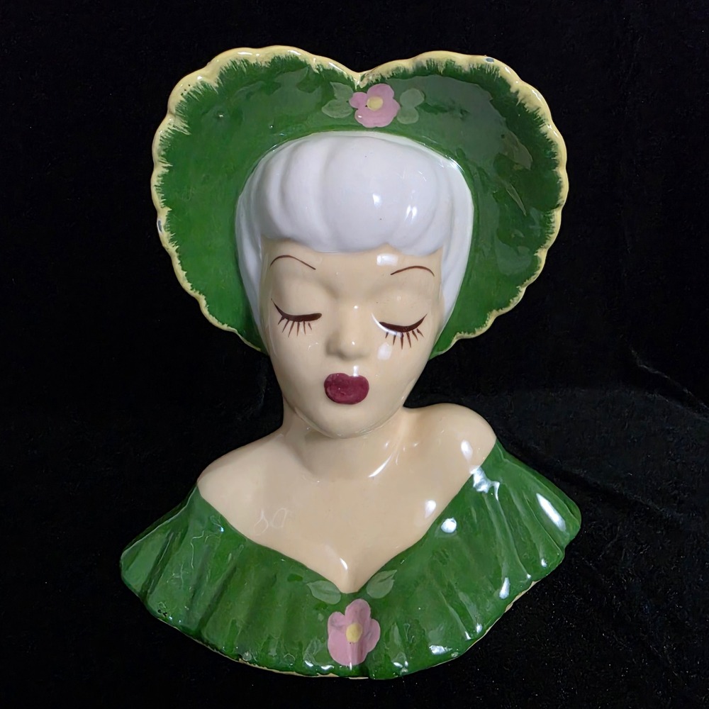 VTG MCM Ceramic Lady Head Vase Wall Pocket Planter Green Hat Dress Pink Flower